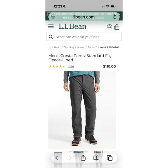 L.L. Bean Black Cresta Hiking Pants Mens Fleece Lined Standard Fit Size 38 New